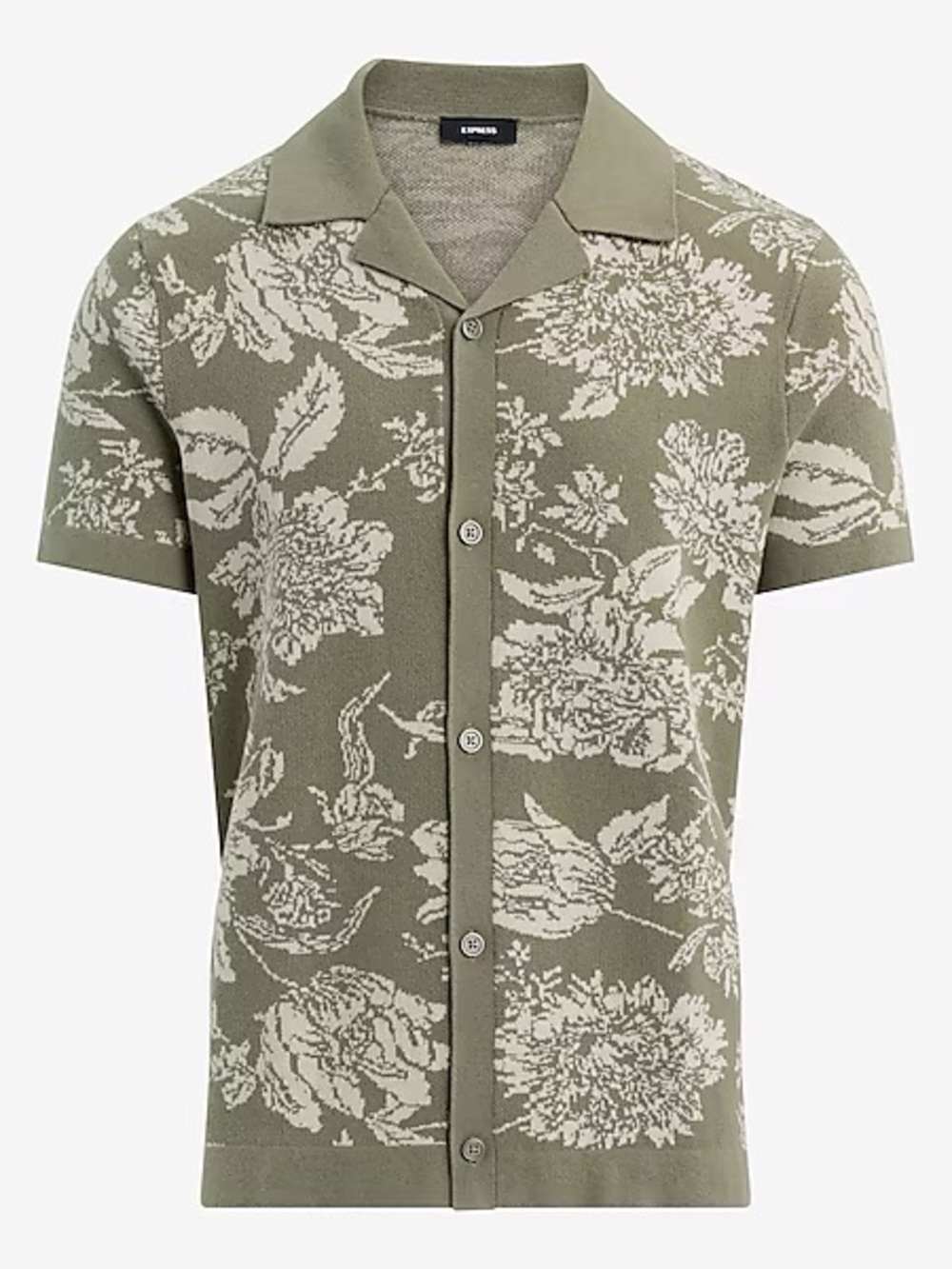 Express Olive Floral Cotton Short-Sleeve Button-Down Sweater Polo Shirt